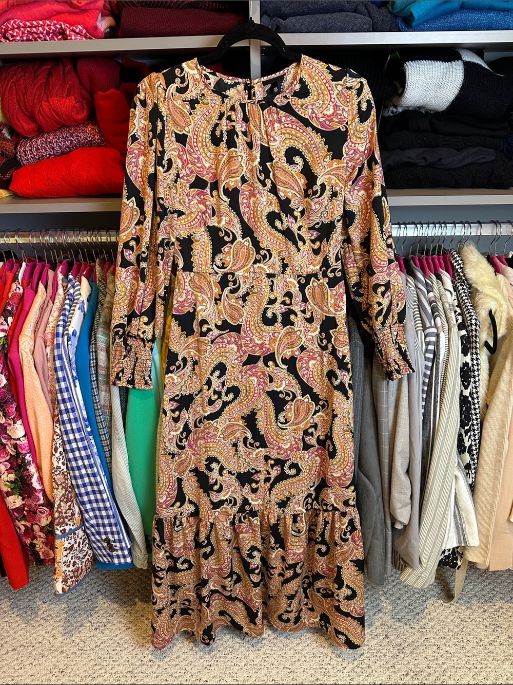 Who What Wear black/orange paisley print long sleeve maxi dress size XS